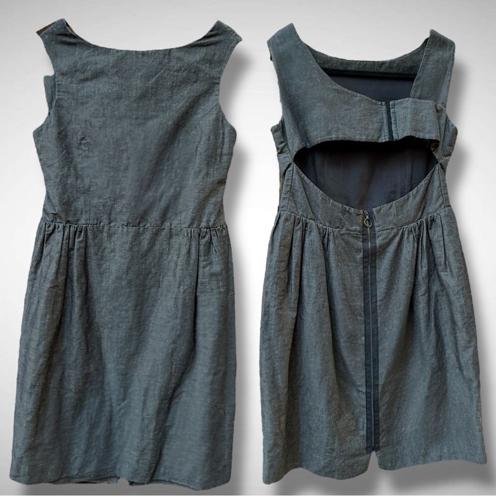 Mischen Dress Cut Out Back Linen Wool Charcoal Gray Sheath Architectural | Sz 2